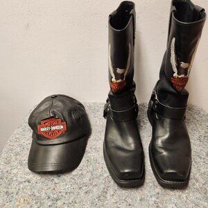 VINTAGE HARLEY-DAVIDSON Sz 10.5 BOOTS EMBROIDERED EAGLE WITH LEATHER HAT!!